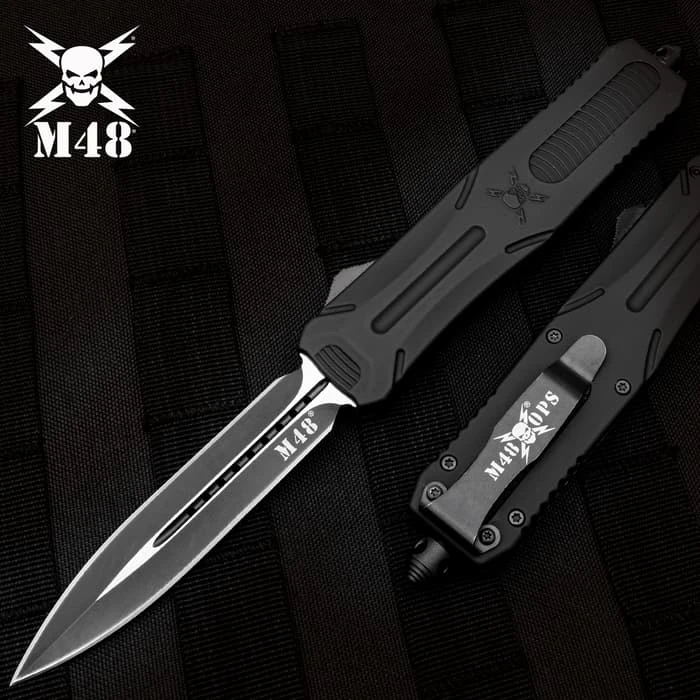 M48 Spear Point Automatic OTF Knife - Stainless Steel Blade, TPU Handle, Slide Trigger, Pocket Clip - Closed 5 3/4" 3 M48 Spear Point Automatic OTF Knife - Stainless Steel Blade, TPU Handle, Slide Trigger, Pocket Clip - Closed 5 3/4"