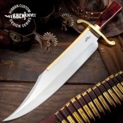Gil Hibben Old West Bowie Knife - Bloodwood Edition - Stainless Steel Blade, Wooden Handle, Gold-Plated Guard, Leather Sheath - Length 20 1/2”