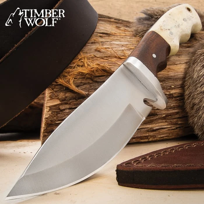 Timber Wolf Adrian Trail Knife With Sheath - Stainless Steel Blade, Full-Tang, Walnut Wood And Bone Handle Scales - Length 9” 3 Timber Wolf Adrian Trail Knife With Sheath - Stainless Steel Blade, Full-Tang, Walnut Wood And Bone Handle Scales - Length 9”