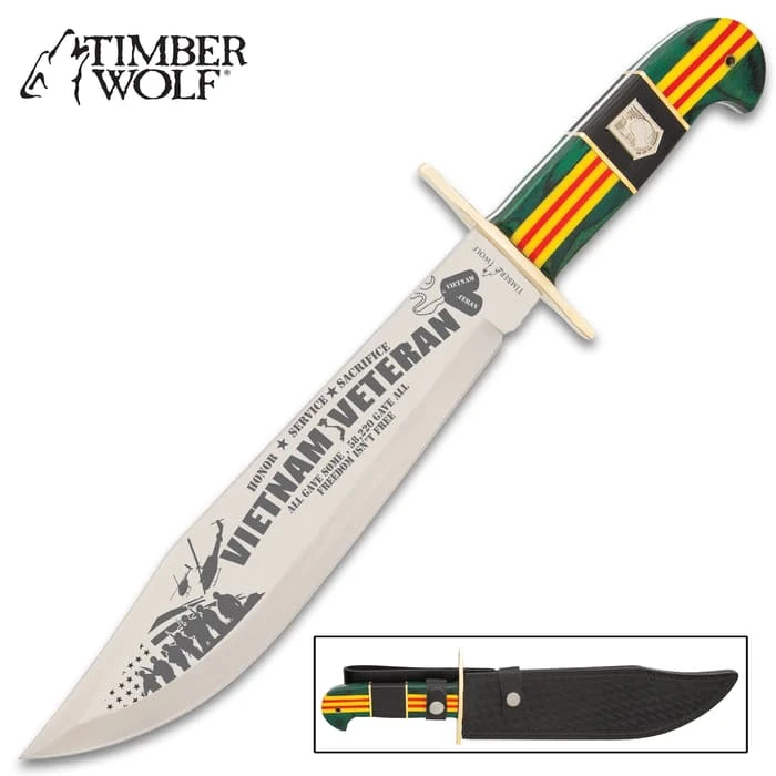 Timber Wolf Vietnam Veteran Bowie Knife With Sheath - Stainless Steel Blade, Wood And Bone Handle, Brass Guard - Length 16” 3 Timber Wolf Vietnam Veteran Bowie Knife With Sheath - Stainless Steel Blade, Wood And Bone Handle, Brass Guard - Length 16”