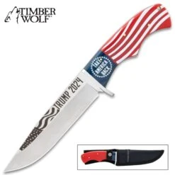 Timber Wolf Trump 2024 Knife And Sheath - 3Cr13 Stainless Steel Blade, Wood And Acrylic Handle - Length 10 3/4”