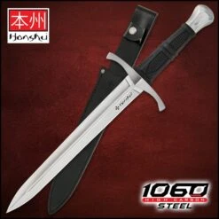Honshu Crusader Quillon Dagger With Sheath - 1060 Carbon Steel Blade, Injection-Molded TPR Handle, Cast Steel Pommel - Length 18 5/8”