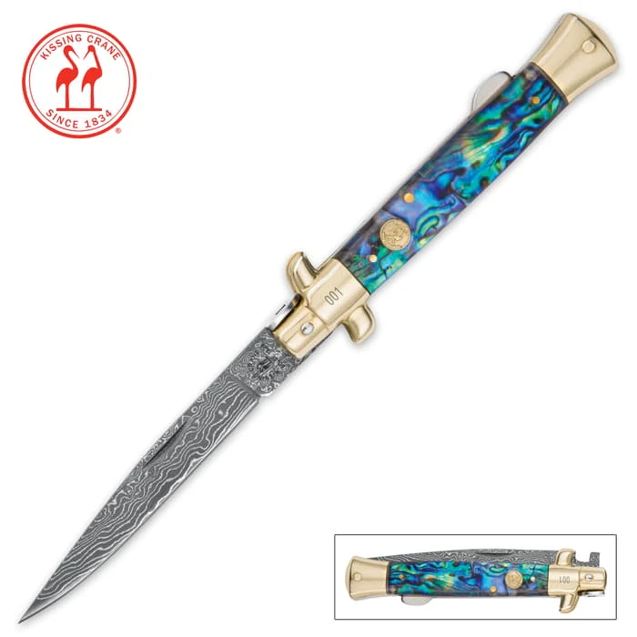 Kissing Crane Genuine Abalone Damascus Stiletto Knife 3 Kissing Crane Genuine Abalone Damascus Stiletto Knife