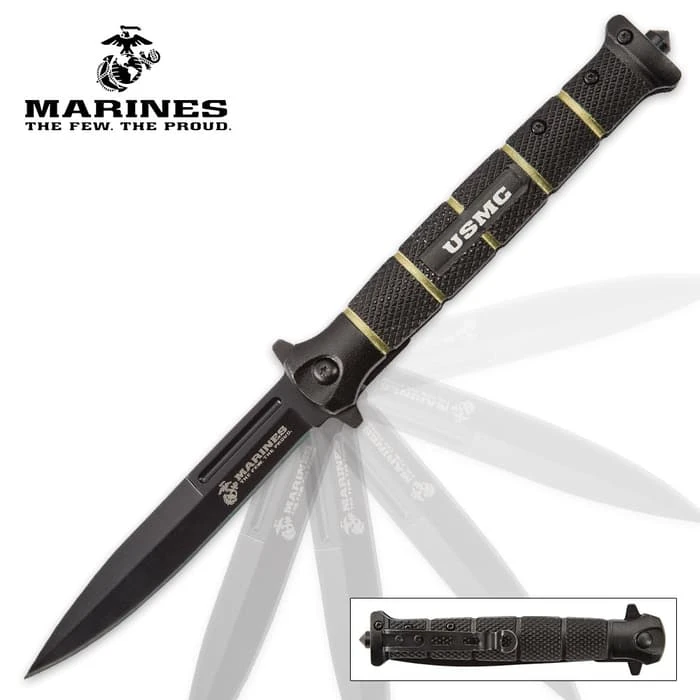 USMC Blackout Combat Stiletto - Assisted Opening Pocket Knife - Officially Licensed 3 USMC Blackout Combat Stiletto - Assisted Opening Pocket Knife - Officially Licensed