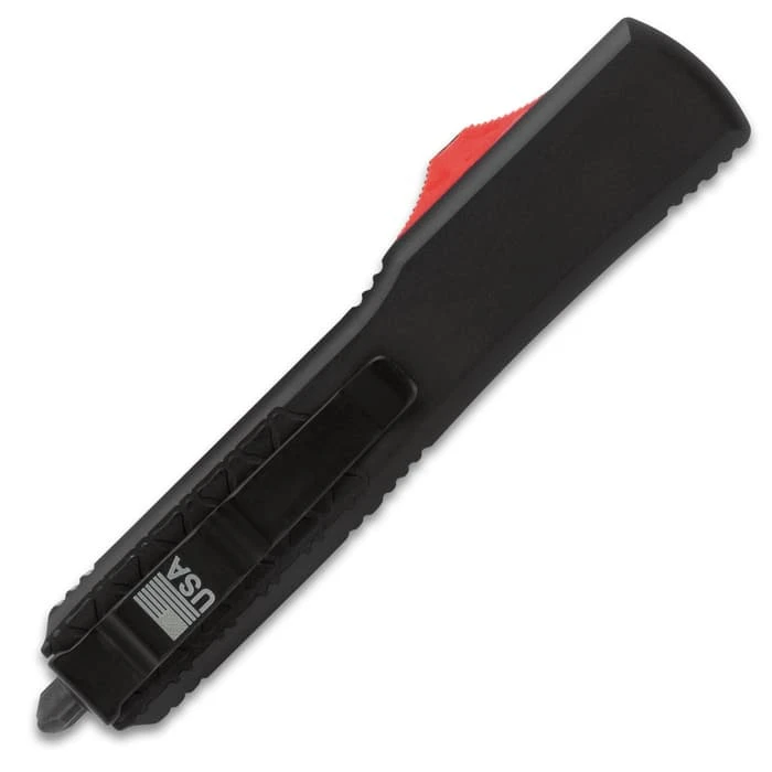 Digi-Red OTF Automatic Knife And Sheath - Stainless Steel Blade, Aluminum Handle, Pocket Clip - Length 8 3/4" 4 Digi-Red OTF Automatic Knife And Sheath - Stainless Steel Blade, Aluminum Handle, Pocket Clip - Length 8 3/4" - Image 2