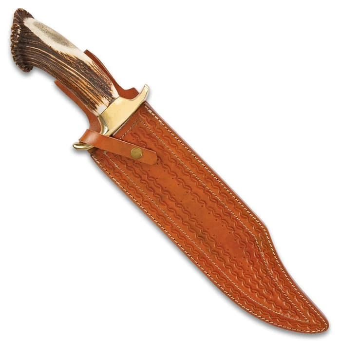 Timber Wolf King Stag Antler Crown Knife With Sheath - Stainless Steel Blade, Genuine Horn Handle, Brass Handguard - Length 22 1/2” 4 Timber Wolf King Stag Antler Crown Knife With Sheath - Stainless Steel Blade, Genuine Horn Handle, Brass Handguard - Length 22 1/2” - Image 2