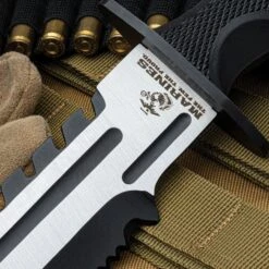 USMC Operation Mako Knife With Sheath - Stainless Steel Blade, Full-Tang, Grippy TPU Handle Scales, Sawback - Length 16 1/2” -Knife Sale Store C17 UC3372