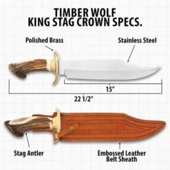 Timber Wolf King Stag Antler Crown Knife With Sheath - Stainless Steel Blade, Genuine Horn Handle, Brass Handguard - Length 22 1/2” 10 Timber Wolf King Stag Antler Crown Knife With Sheath - Stainless Steel Blade, Genuine Horn Handle, Brass Handguard - Length 22 1/2” -Knife Sale Store D17 TW1063