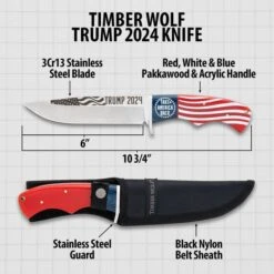 Timber Wolf Trump 2024 Knife And Sheath - 3Cr13 Stainless Steel Blade, Wood And Acrylic Handle - Length 10 3/4” -Knife Sale Store D17 TW1399