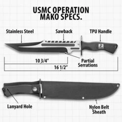 USMC Operation Mako Knife With Sheath - Stainless Steel Blade, Full-Tang, Grippy TPU Handle Scales, Sawback - Length 16 1/2” -Knife Sale Store D17 UC3372