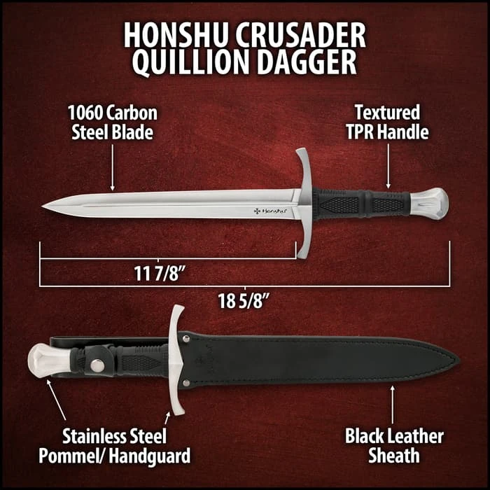 Honshu Crusader Quillon Dagger With Sheath - 1060 Carbon Steel Blade, Injection-Molded TPR Handle, Cast Steel Pommel - Length 18 5/8” 5 Honshu Crusader Quillon Dagger With Sheath - 1060 Carbon Steel Blade, Injection-Molded TPR Handle, Cast Steel Pommel - Length 18 5/8” - Image 3