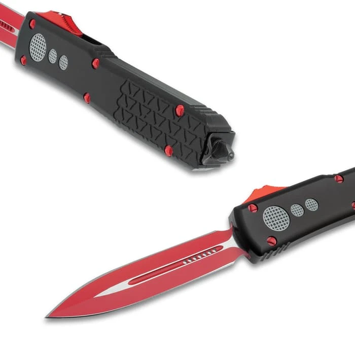 Digi-Red OTF Automatic Knife And Sheath - Stainless Steel Blade, Aluminum Handle, Pocket Clip - Length 8 3/4" 6 Digi-Red OTF Automatic Knife And Sheath - Stainless Steel Blade, Aluminum Handle, Pocket Clip - Length 8 3/4" - Image 4