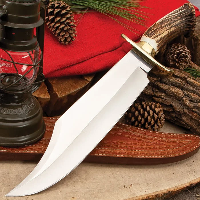 Timber Wolf King Stag Antler Crown Knife With Sheath - Stainless Steel Blade, Genuine Horn Handle, Brass Handguard - Length 22 1/2” 6 Timber Wolf King Stag Antler Crown Knife With Sheath - Stainless Steel Blade, Genuine Horn Handle, Brass Handguard - Length 22 1/2” - Image 4