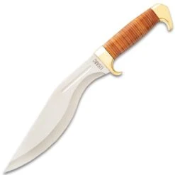 USMC Stacked Leather Handle Kukri Knife - Stainless Steel Blade, Stacked Leather Handle, Brass Pommel - Length 16 1/2” -Knife Sale Store E17 UC3329