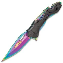 Rampage® Rainbow Atomica Assisted Opening Pocket Knife - Stainless Steel Blade, Aluminum Handle, Bottle Opener, Pocket Clip - Closed 4 3/4” -Knife Sale Store E19 UC3305