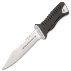Delta Defender Dive Knife With Belt And Sheath - Stainless Steel Blade, Ridged ABS And TPR Handle, Sawback Serrations - Length 9 3/4” -Knife Sale Store F17 BK4589