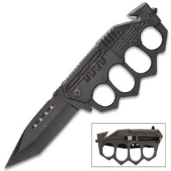 Black Folding Knuckle Knife - Stainless Steel Blade, ABS Handle, Seatbelt Cutter, Glass Breaker - Closed Length 5 1/4” -Knife Sale Store F19 BV575