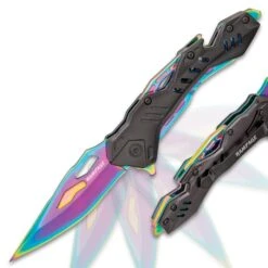 Rampage® Rainbow Atomica Assisted Opening Pocket Knife - Stainless Steel Blade, Aluminum Handle, Bottle Opener, Pocket Clip - Closed 4 3/4” -Knife Sale Store F19 UC3305
