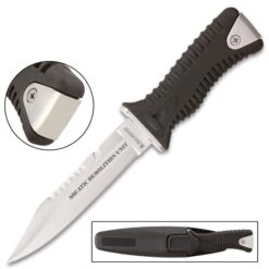 Delta Defender Dive Knife With Belt And Sheath - Stainless Steel Blade, Ridged ABS And TPR Handle, Sawback Serrations - Length 9 3/4” -Knife Sale Store G17 BK4589