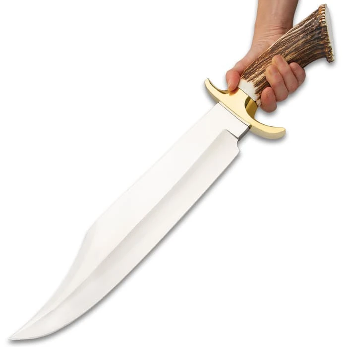 Timber Wolf King Stag Antler Crown Knife With Sheath - Stainless Steel Blade, Genuine Horn Handle, Brass Handguard - Length 22 1/2” 8 Timber Wolf King Stag Antler Crown Knife With Sheath - Stainless Steel Blade, Genuine Horn Handle, Brass Handguard - Length 22 1/2” - Image 6